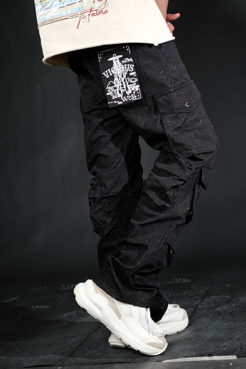 VICIOUS / BLACK CARGO SHINY COATED JEANS