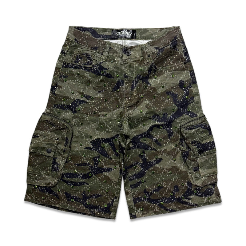 【mnem】Smog Camo Denim Shorts QJK Baggy Y2k Jorts - Straight Leg Camo Cargo Shorts with