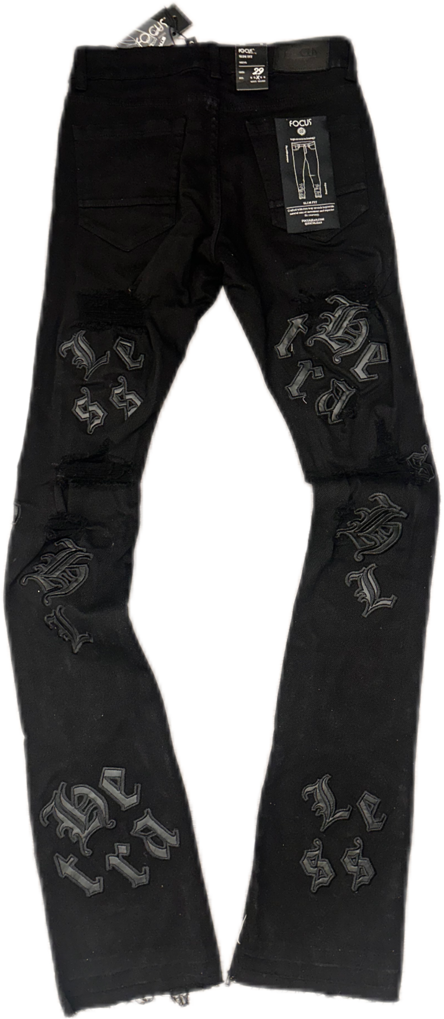 JEANS FLARED BLK LEATHER WORDS