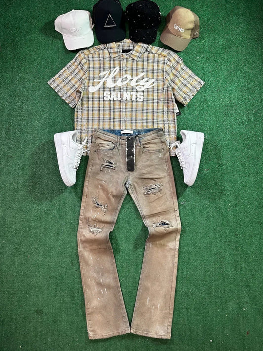 Copper Plaid Button Down Cream/Brown/Black