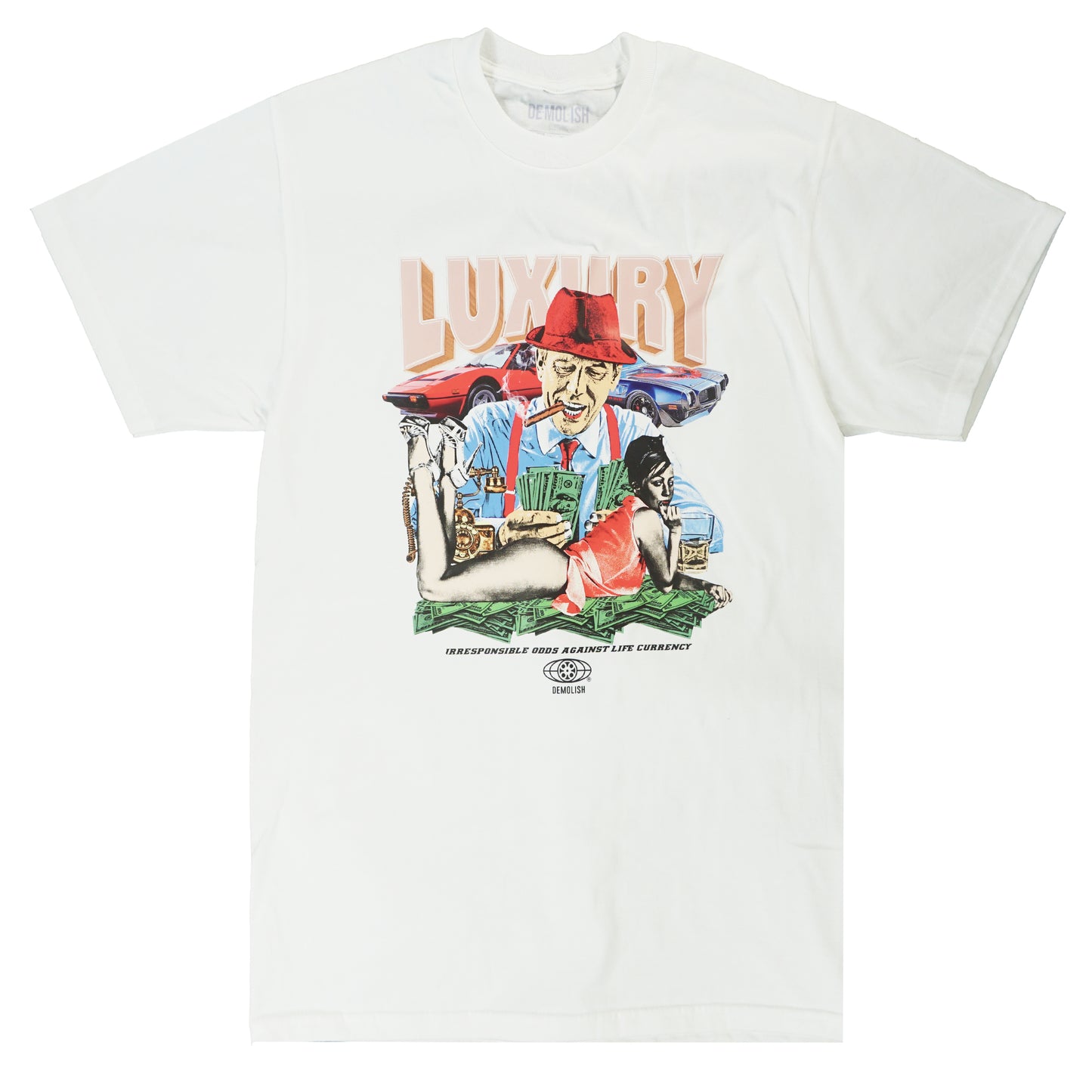 Men, Boys, Teens, Gifts, Wmns, Girls, Urban, Style, Fashion, Mens Tees, Womens Tees, Teen Tees, Boys Tees, Urban Apparel, Demolish, Luxury Dealer Tee, White Tee, Multi, Money,