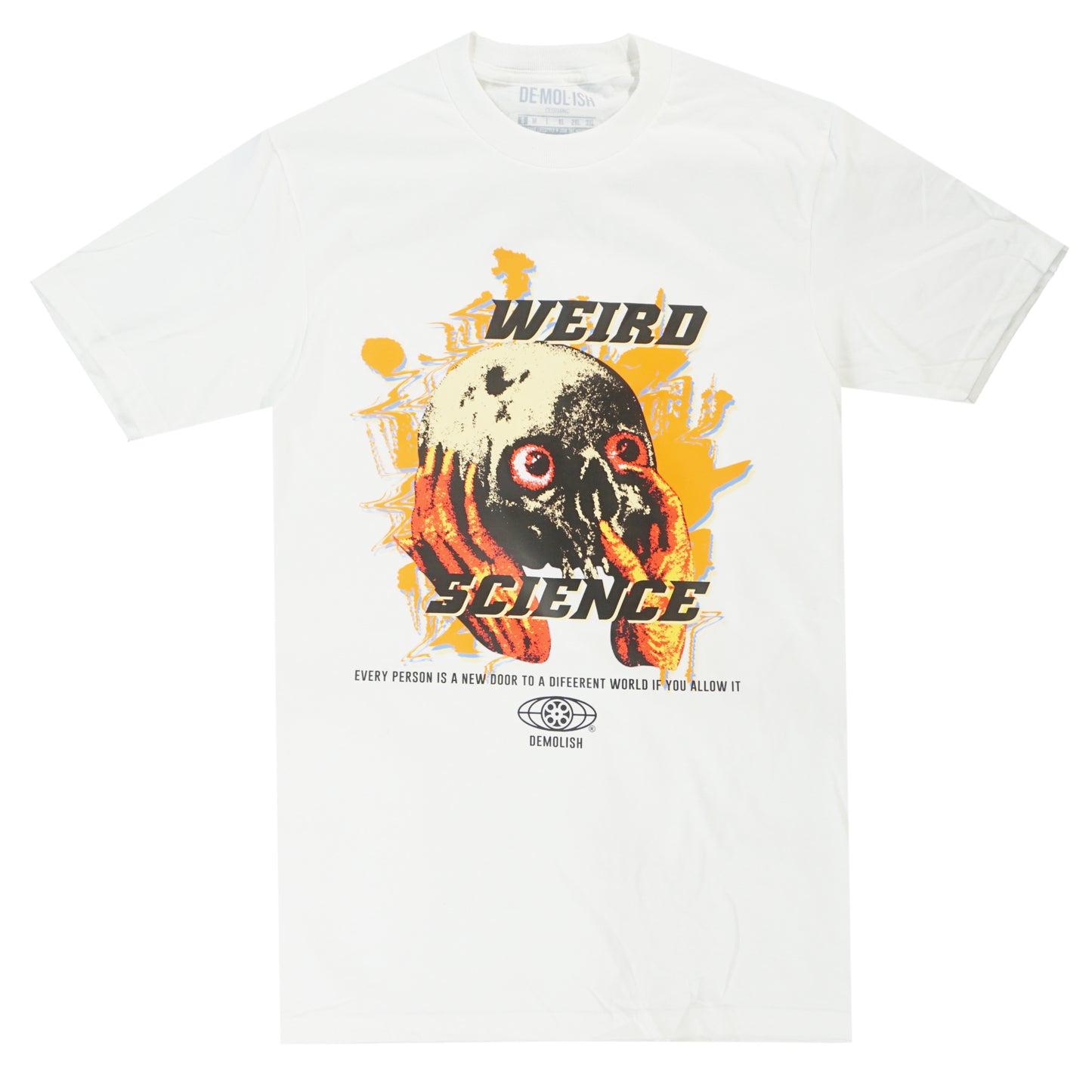 Men, Boys, Teens, Gifts, Wmns, Girls, Urban, Style, Fashion, Mens Tees, Womens Tees, Teen Tees, Boys Tees, Urban Apparel, Demolish, Weird Science Tee, White Tee, Orange, Black, Multi,
