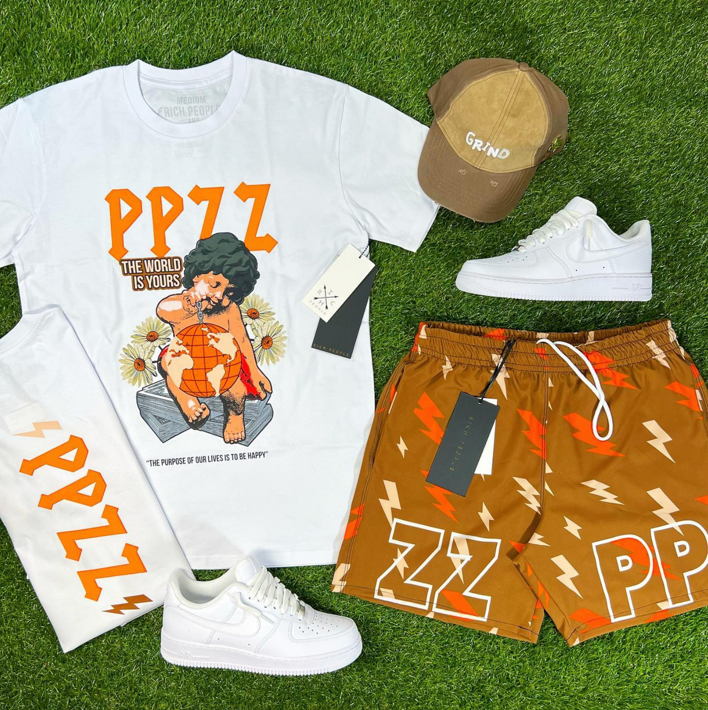 PPZZ x Rich People Bolt Shorts (Wheat/Org) /D10