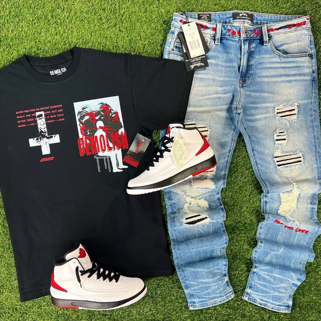 Demolish, Graphic Tee, Black Tee, Air Jordan 2 "Chicago", Mens Tees, Womens Tees, Teen Tees, Boys Tees, Urban Apparel,