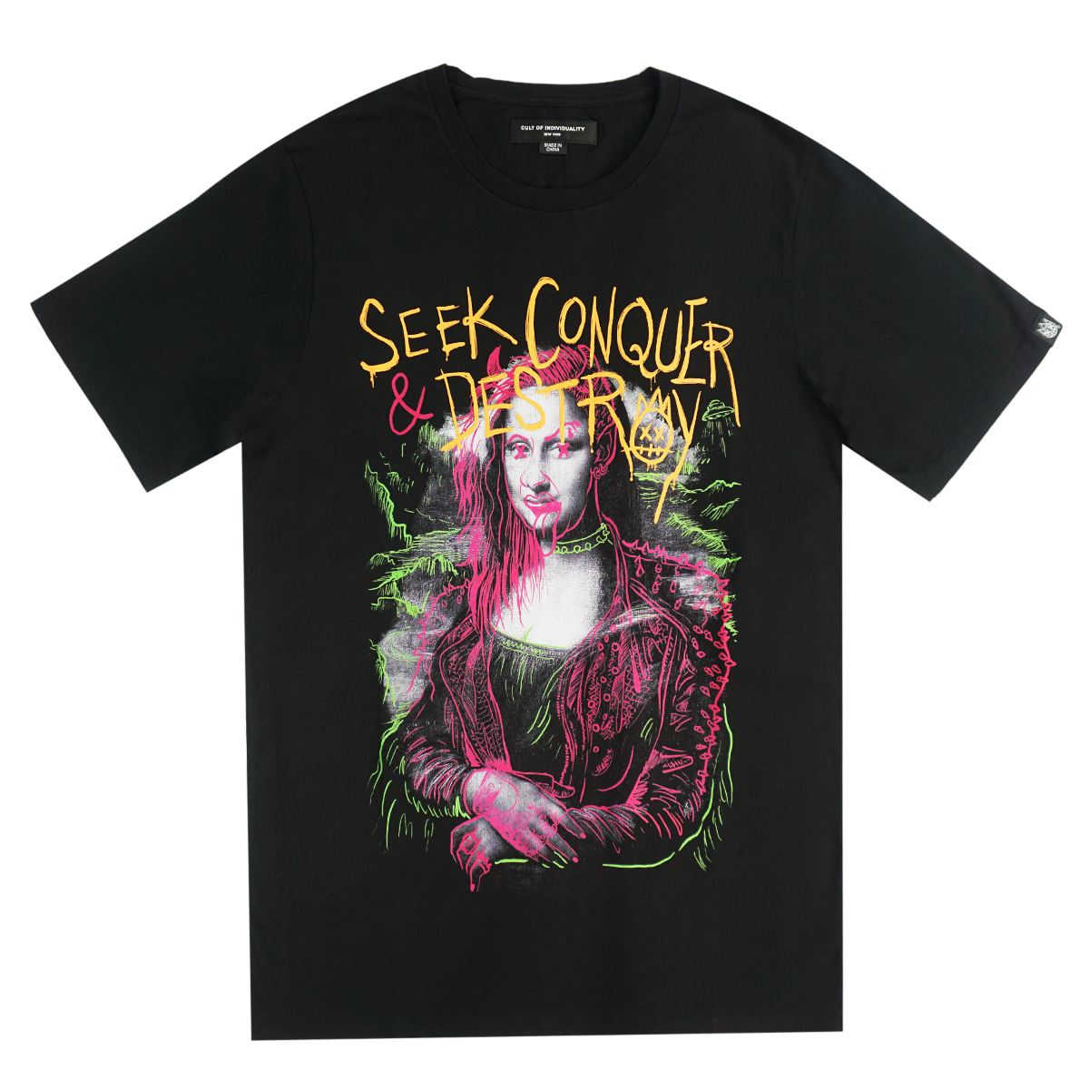 T-Shirt, Black Tee, Seek Conquer Destroy Tee, Cult Of Individuality, Men, Boys, Teens, Gifts, Wmns, Girls,Urban, Style, Fashion, Mona Lisa, Orange, Pink, Green,