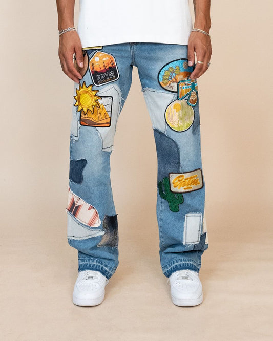 Light Indigo Wash Patchwork Jeans