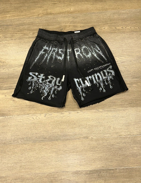 BLACK FR HEAVY WASHED W/WORDS GRAPHIC SHORTS