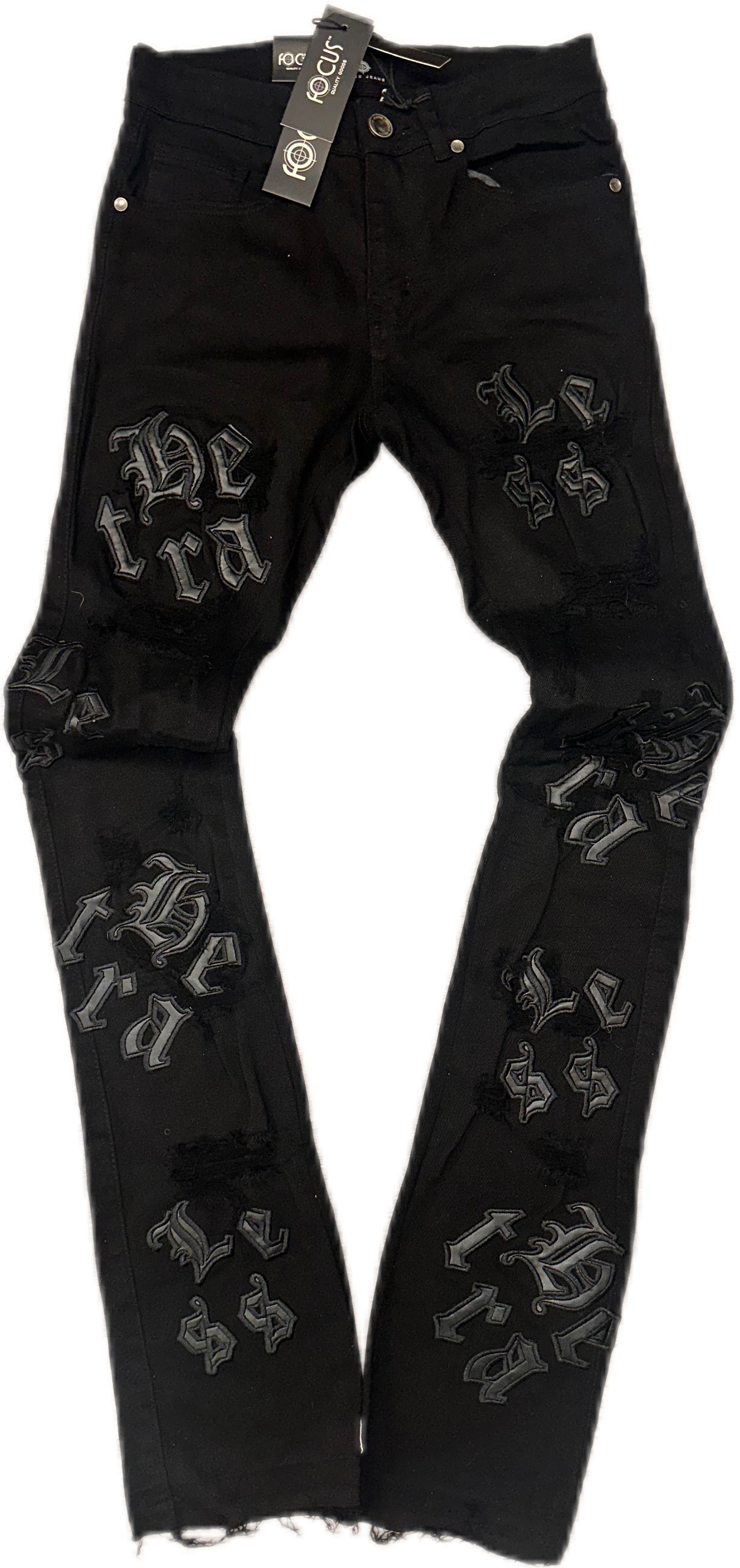 JEANS  FLARED BLK LEATHER WORDS