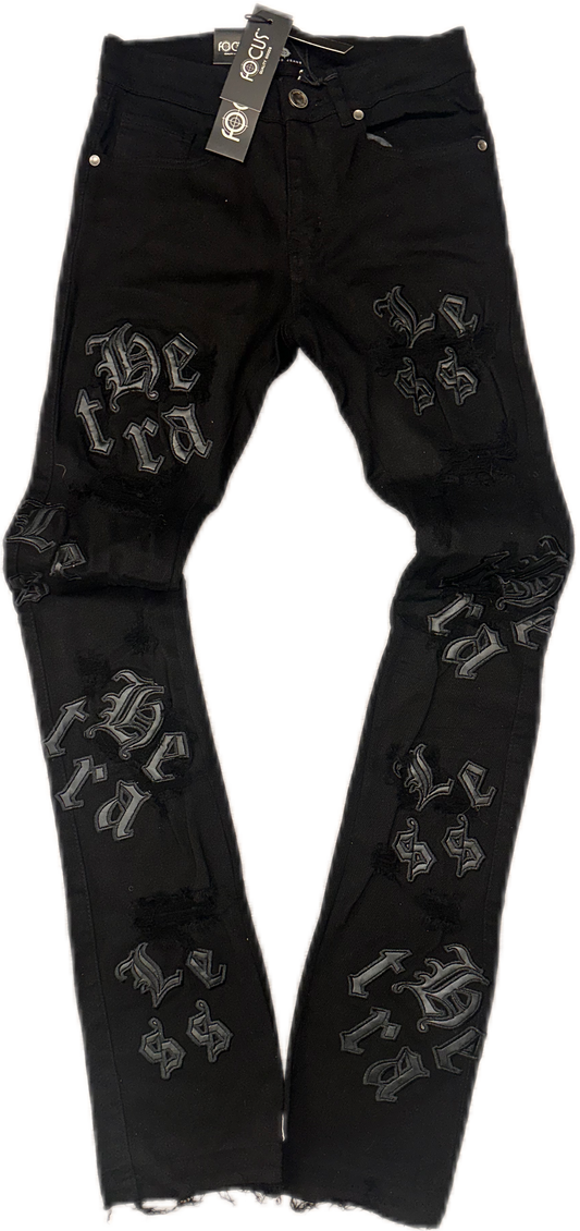 JEANS  FLARED BLK LEATHER WORDS