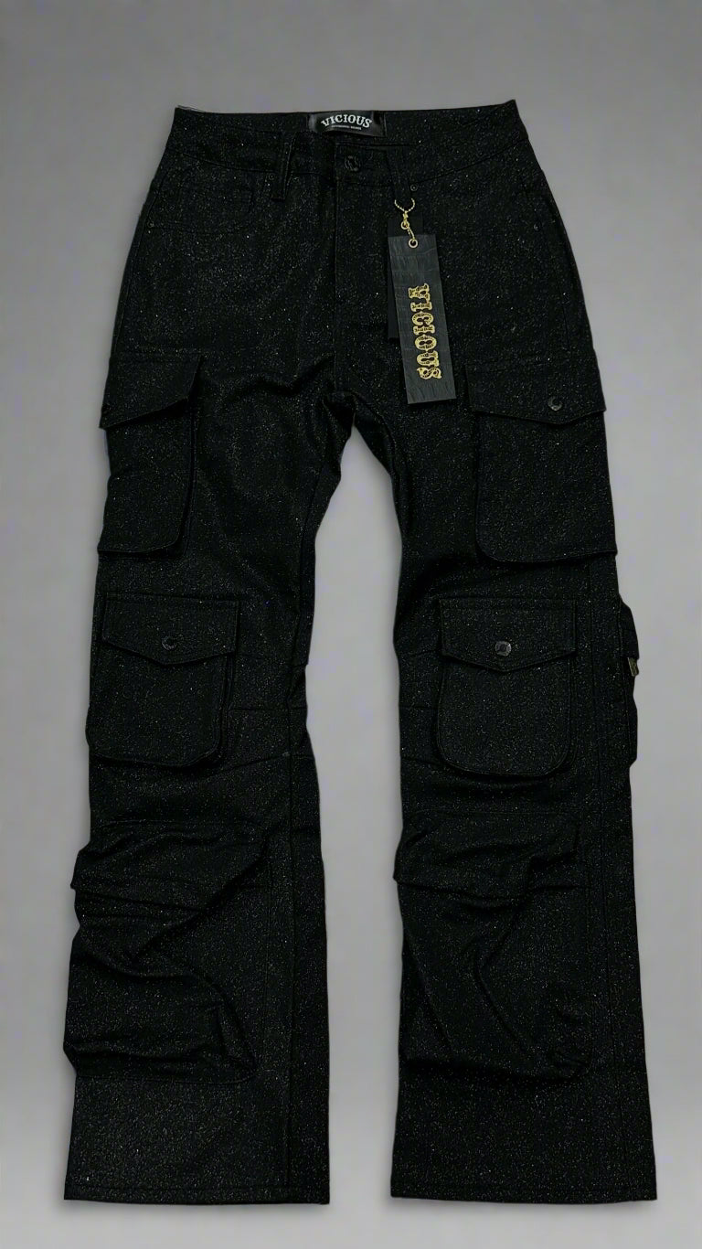 VICIOUS / BLACK CARGO SHINY COATED JEANS