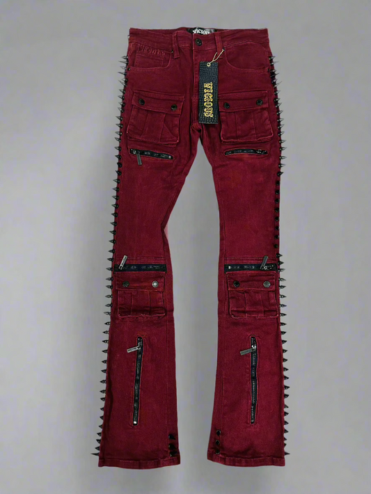 VICIOUS / BURGENDY SPIKE DENIM JEANS