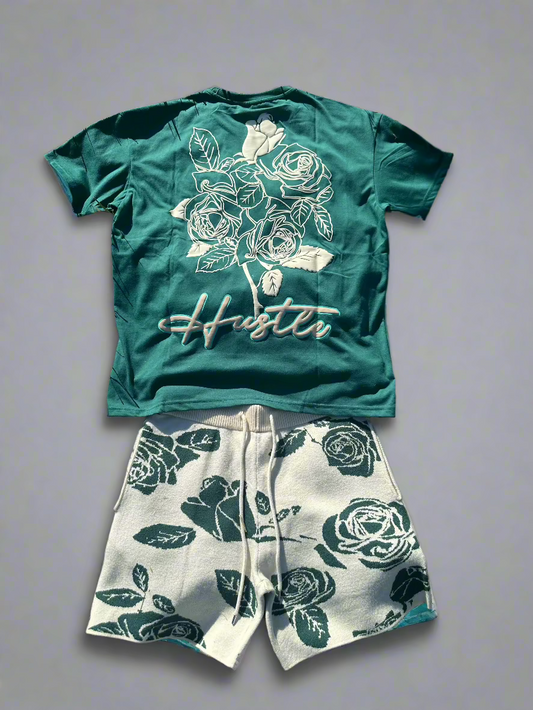 REBEL MINDS/ GREEN & CREAM SHORT SET