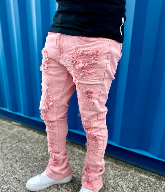 Solid Distressed Stacked Denim (Pink) /C?