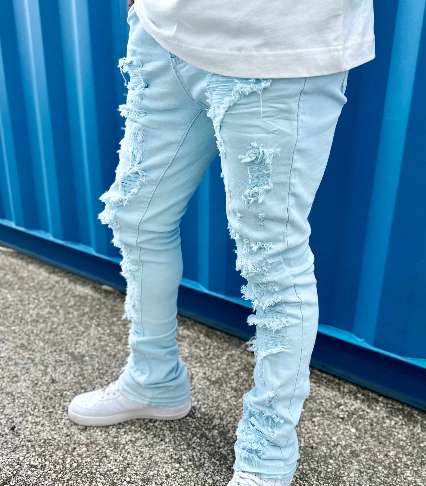 Solid Distressed Stacked Denim (Baby Blue) /C?