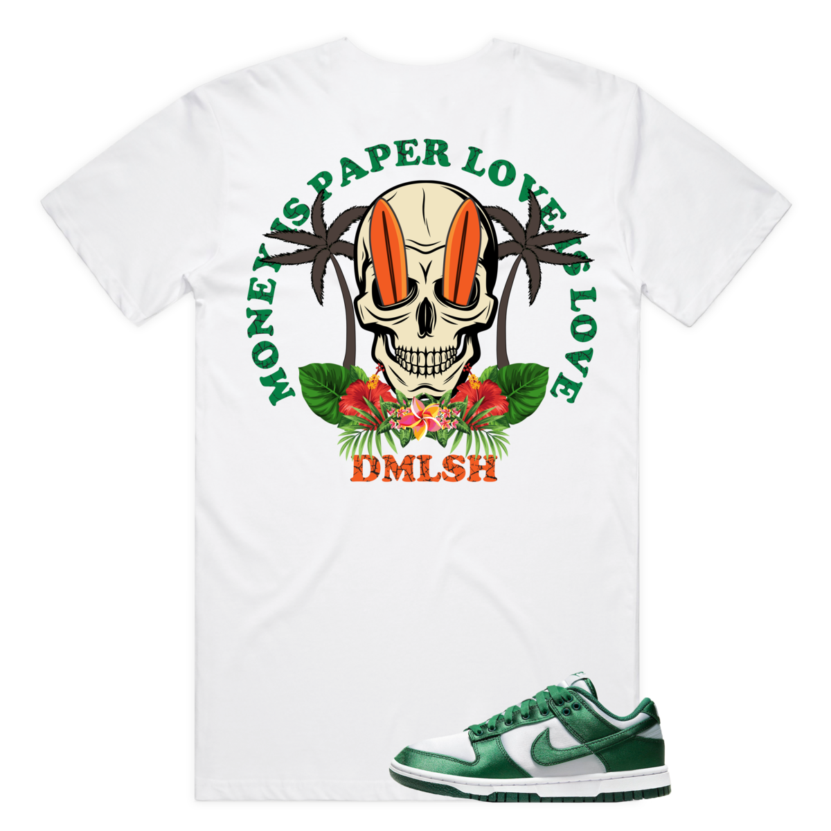 Men, Boys, Teens, Gifts, Wmns, Girls, Urban, Style, Fashion, Mens Tees, Womens Tees, Teen Tees, Boys Tees, Urban Apparel, Demolish, Surf Money Tee, White Tee, Green, Blue, Skulls, Surfboard, 