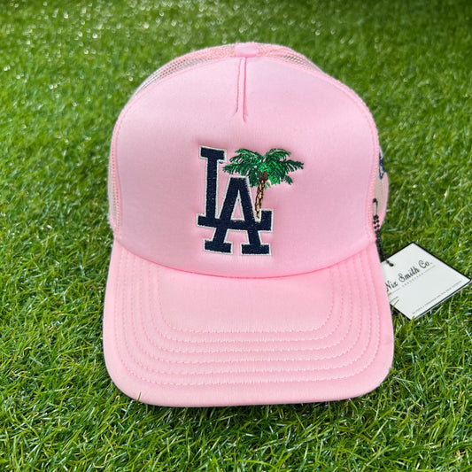 L.A. Hats, Palm Tree, L.A, Hats, Trucker, Style, Snapback, Men, Boys, Teens, Gifts, Light Pink, Navy, Wmns, Girls, Light Pink And Navy Hat, Nix Smith Co, Urban,