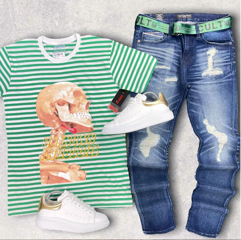 Unknown Skeleton Stripe Tee (Green/Wte) /D2